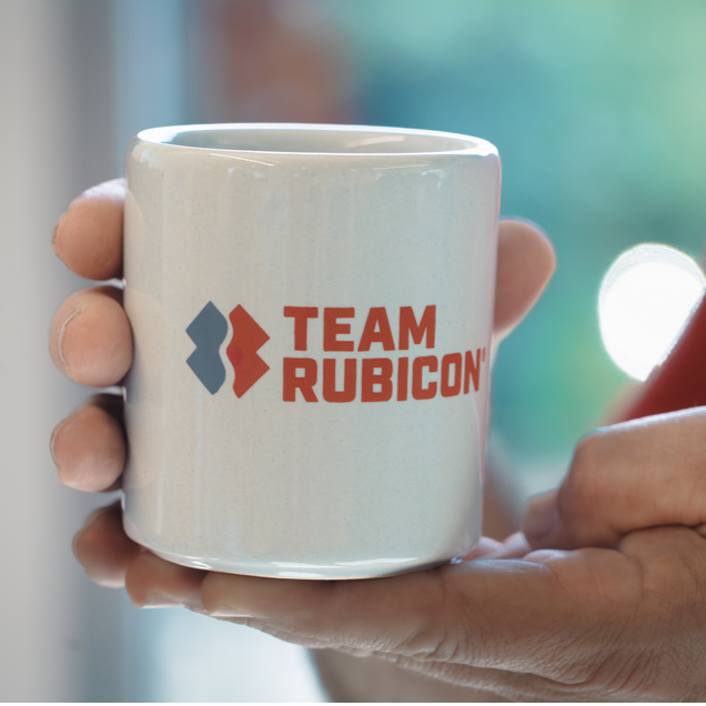 Handleless Team Rubicon mug shown as a mug.