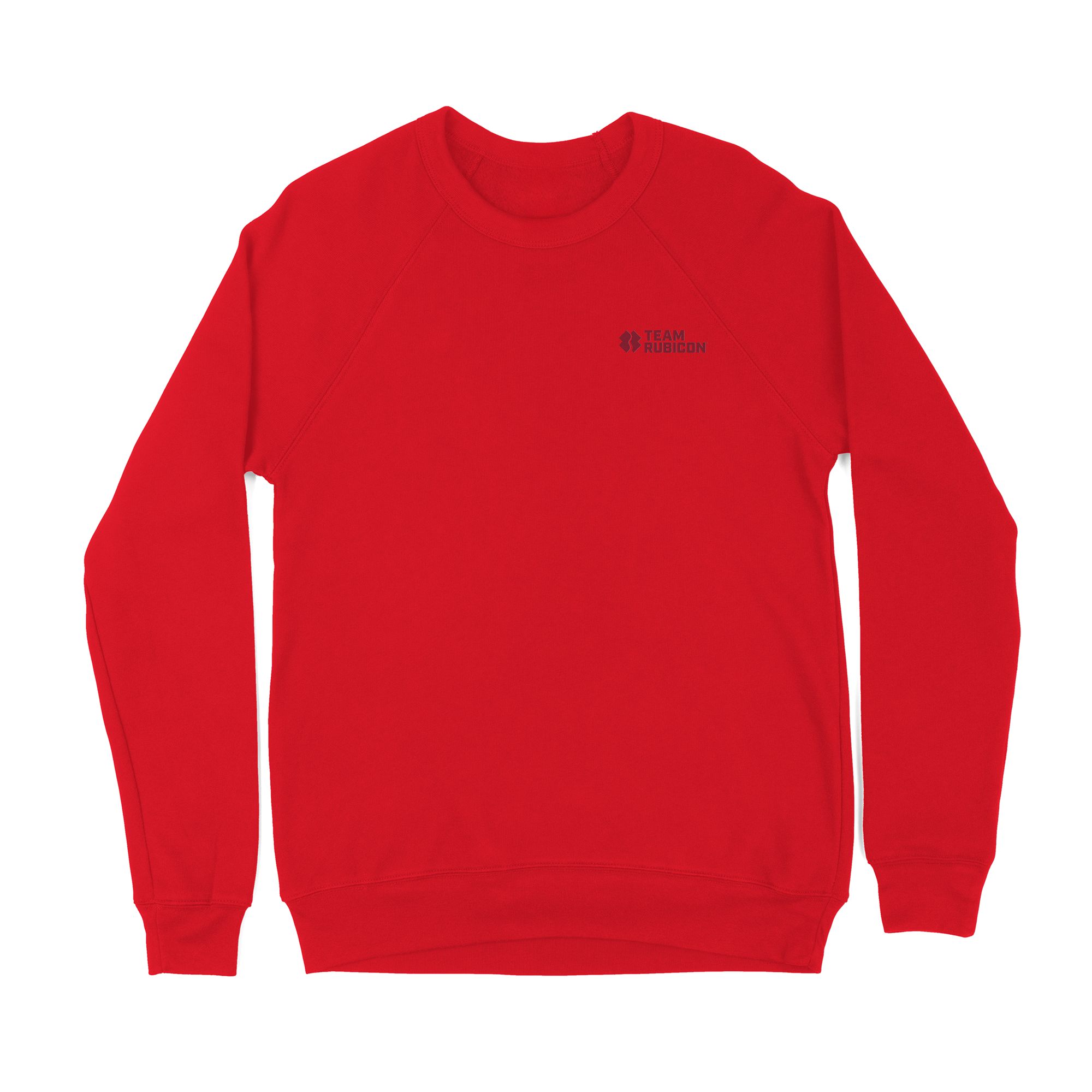 Red sweatshirt with a small logo on the chest against a white background