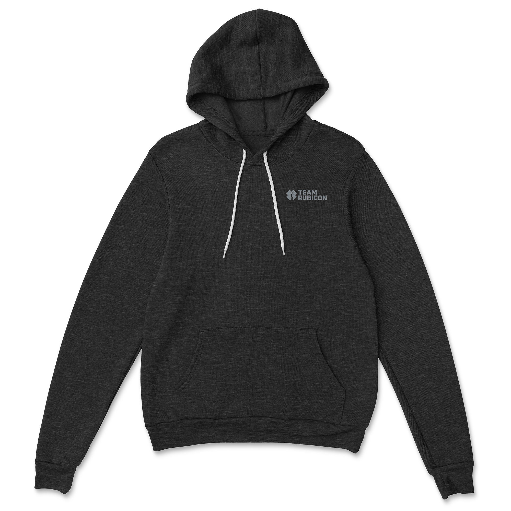 Dark gray hoodie with a logo on the chest against a white background