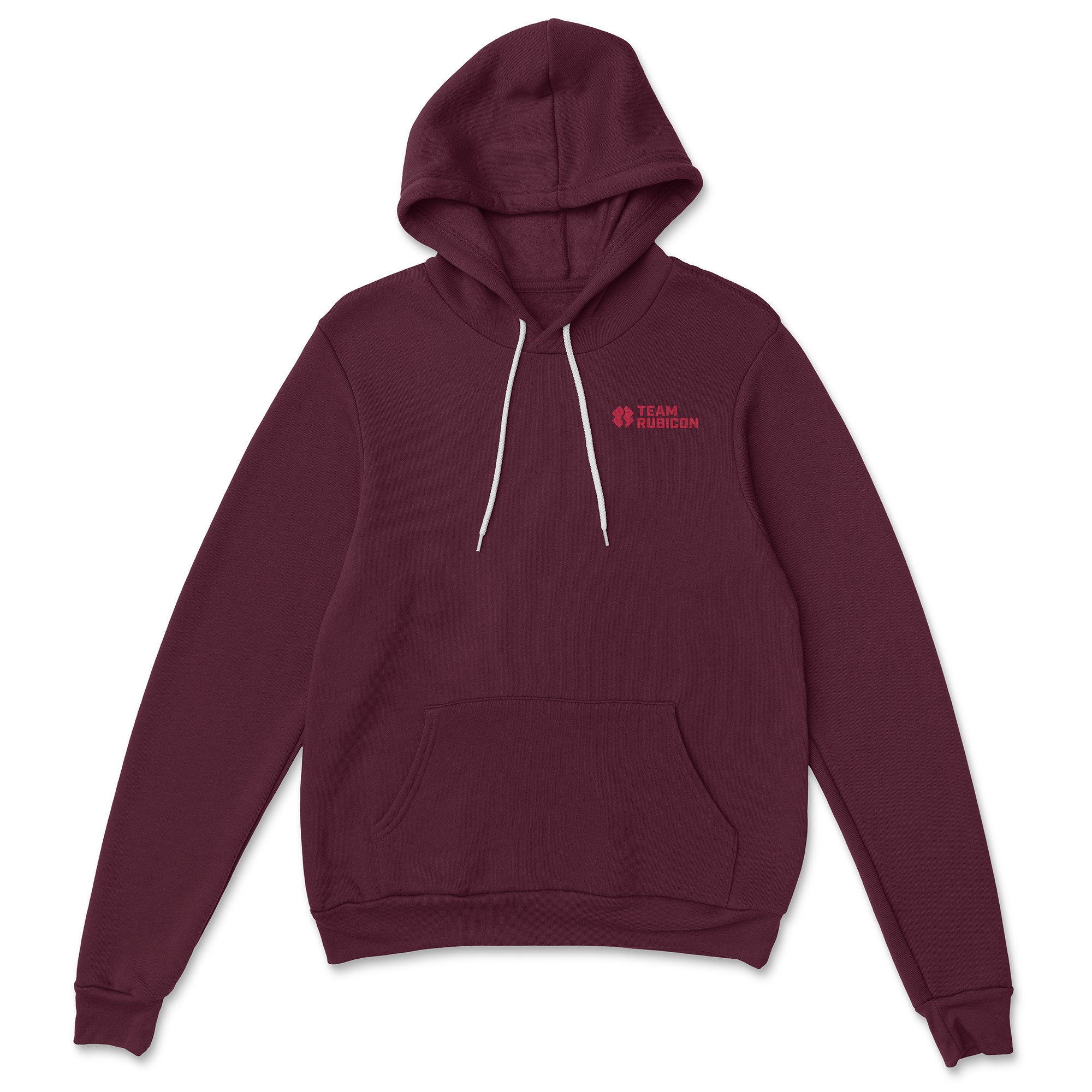 Maroon hoodie with a logo on the chest against a white background