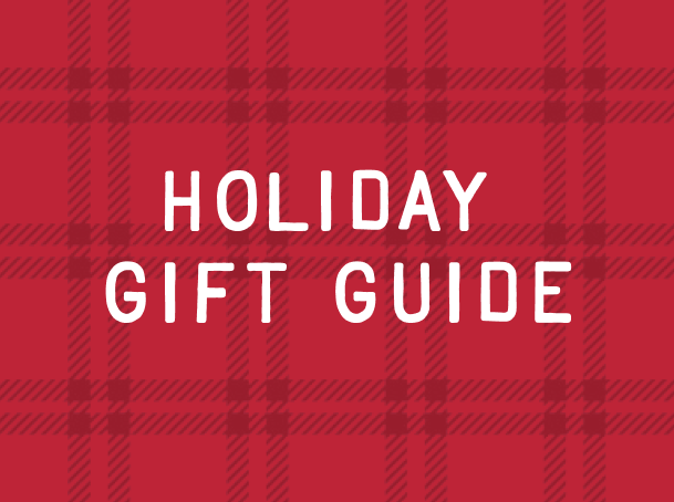 Red plaid background with 'HOLIDAY GIFT GUIDE' text in white