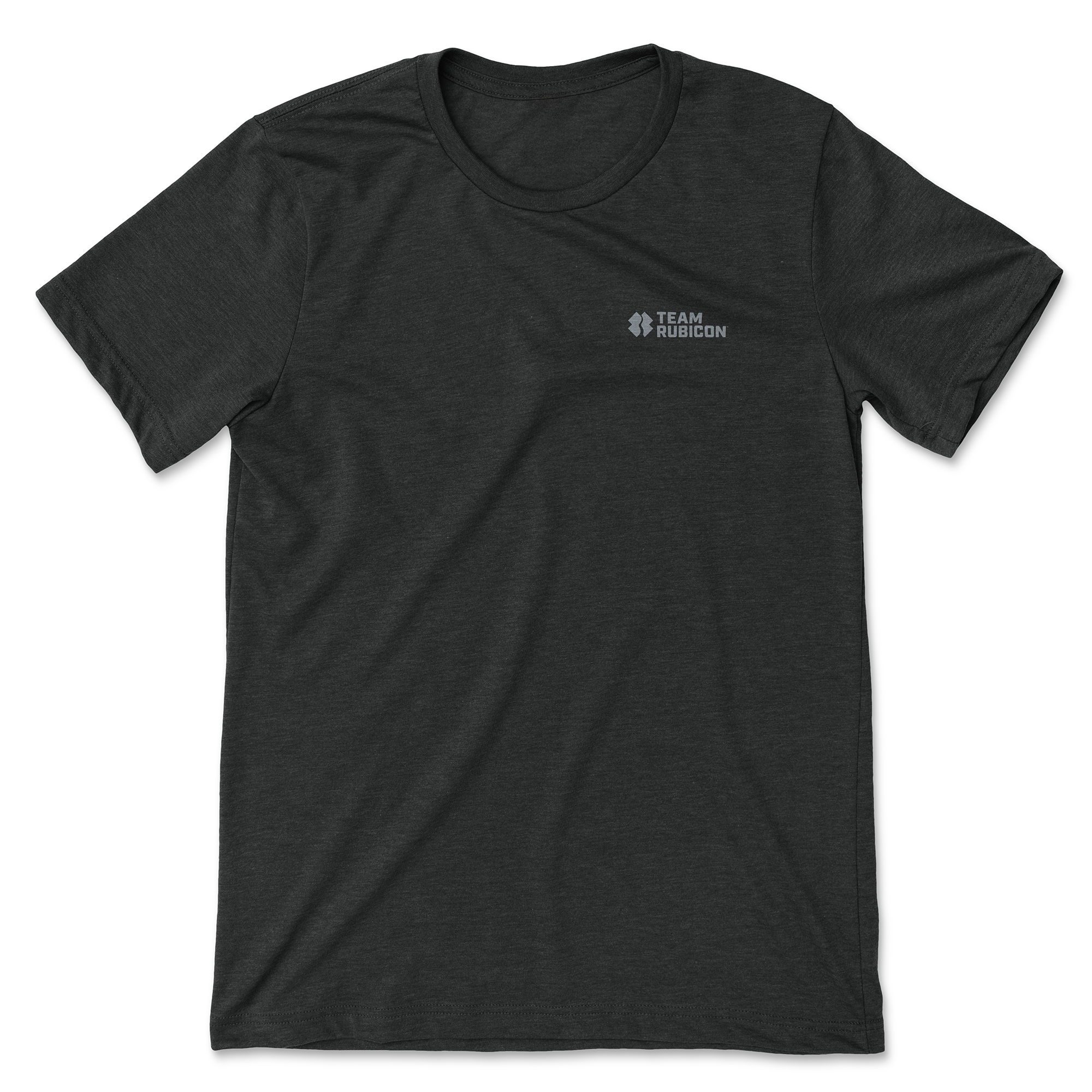 Charcoal black t-shirt with a logo on the left chest against a white background