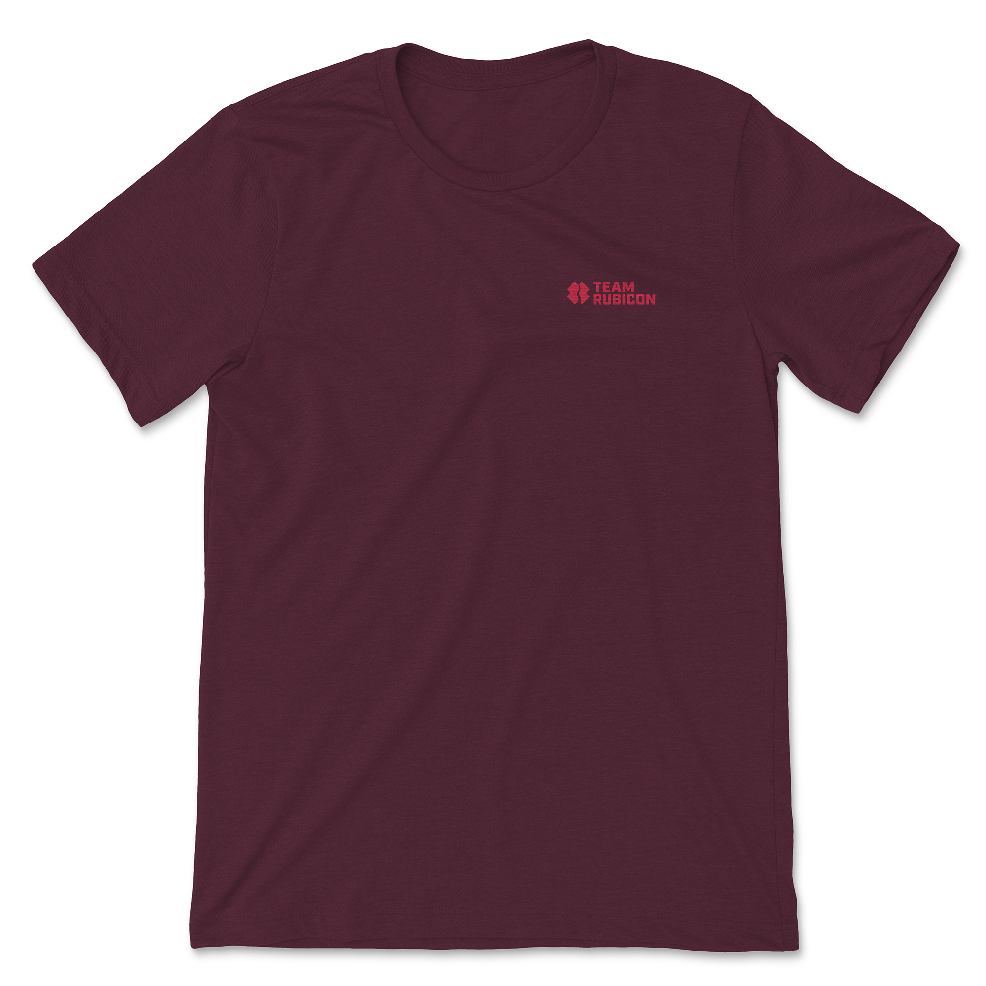 Maroon t-shirt with a Team Rubicon logo on left pocket on a white background 