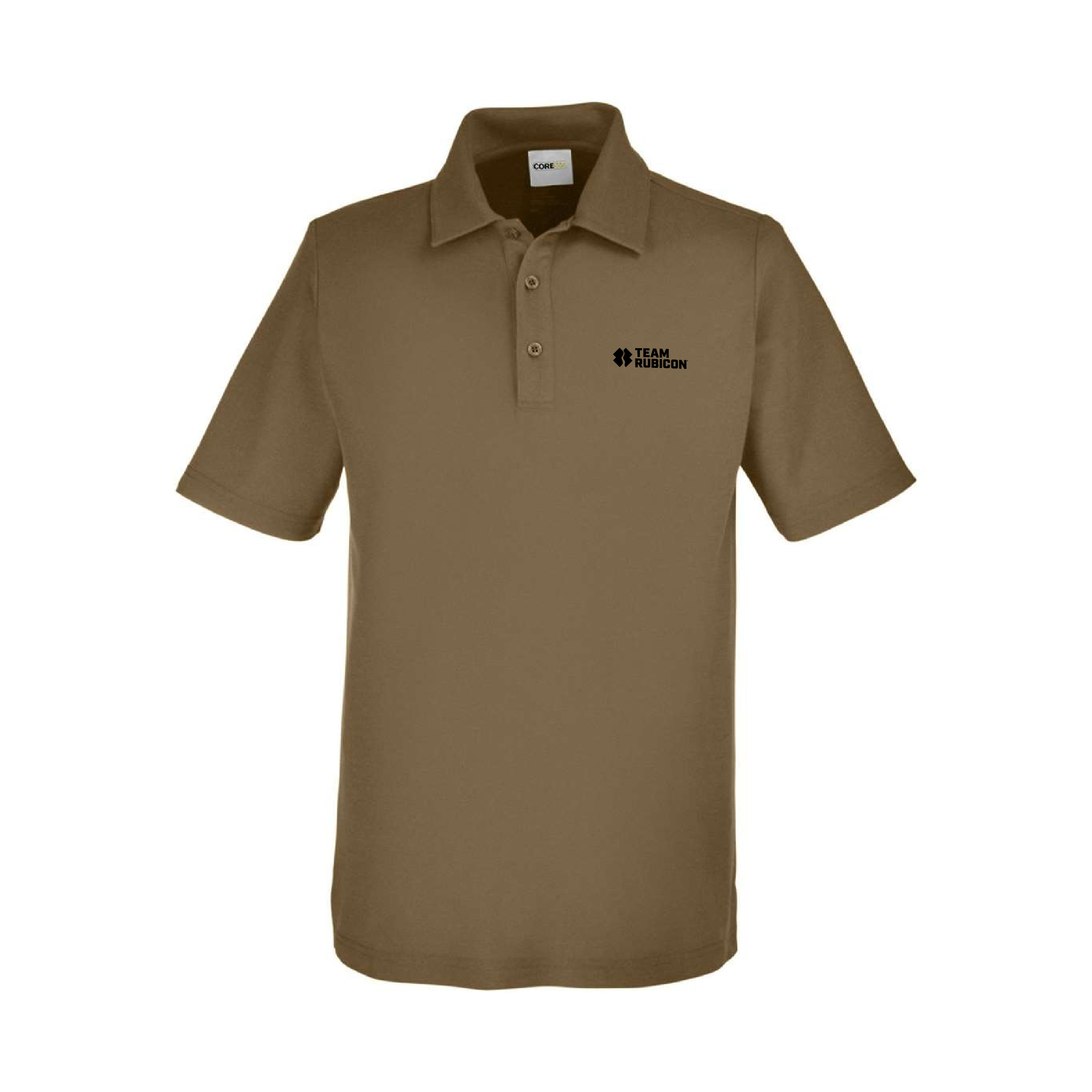 Brown polo shirt with a logo on a white background