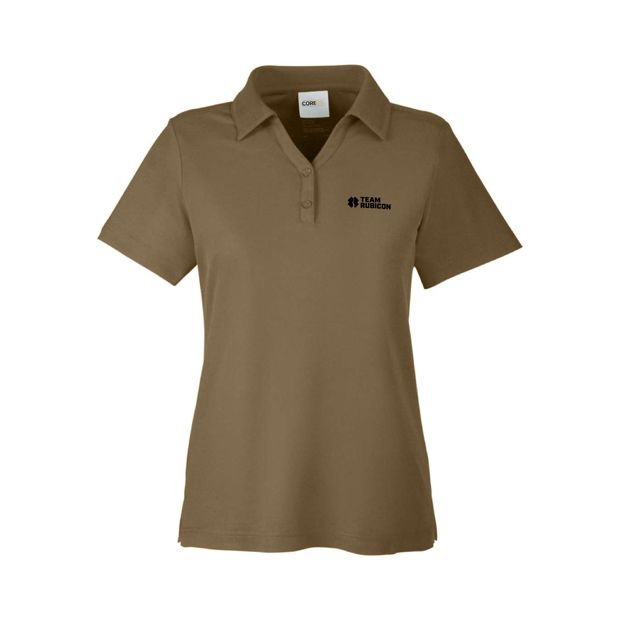 Brown polo shirt with a logo on a white background