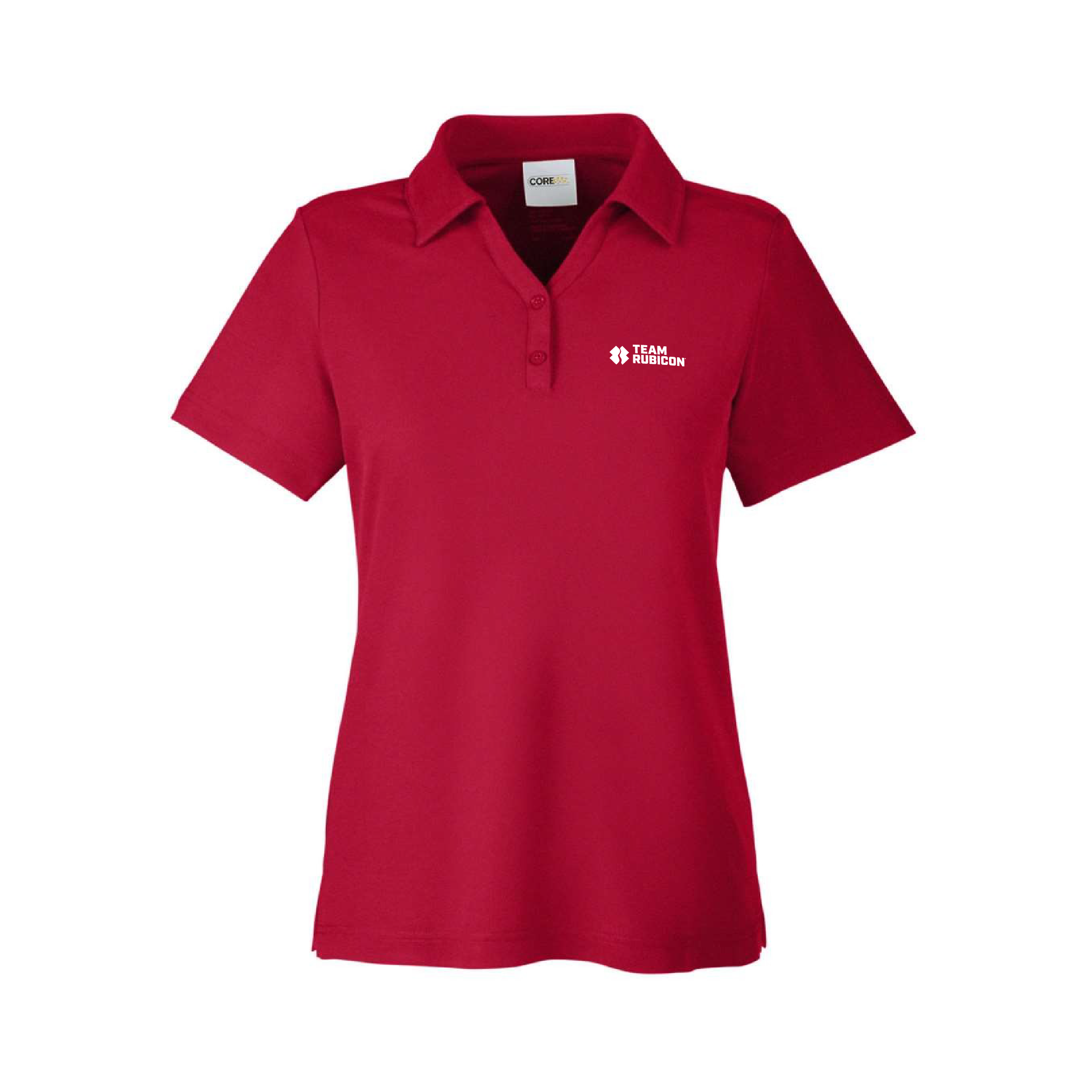Red polo shirt with a logo on a white background