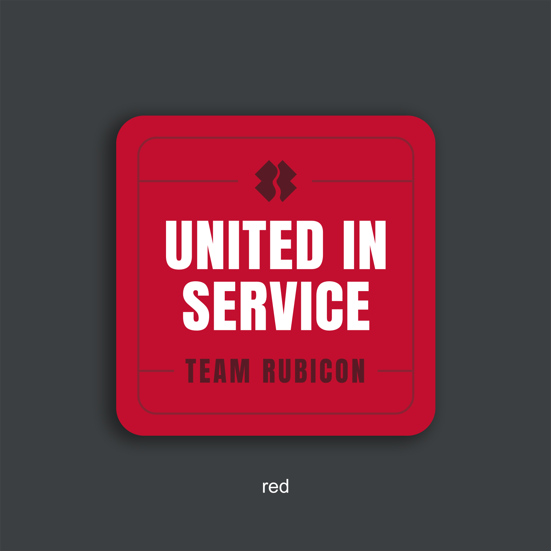 Red rounded square sticker with 'UNITED IN SERVICE' text and Team Rubicon logo on a dark gray background.